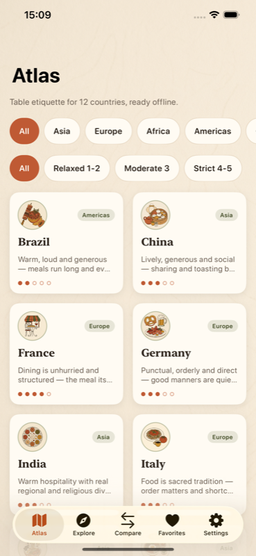 DineAtlas — Atlas home screen showing country grid